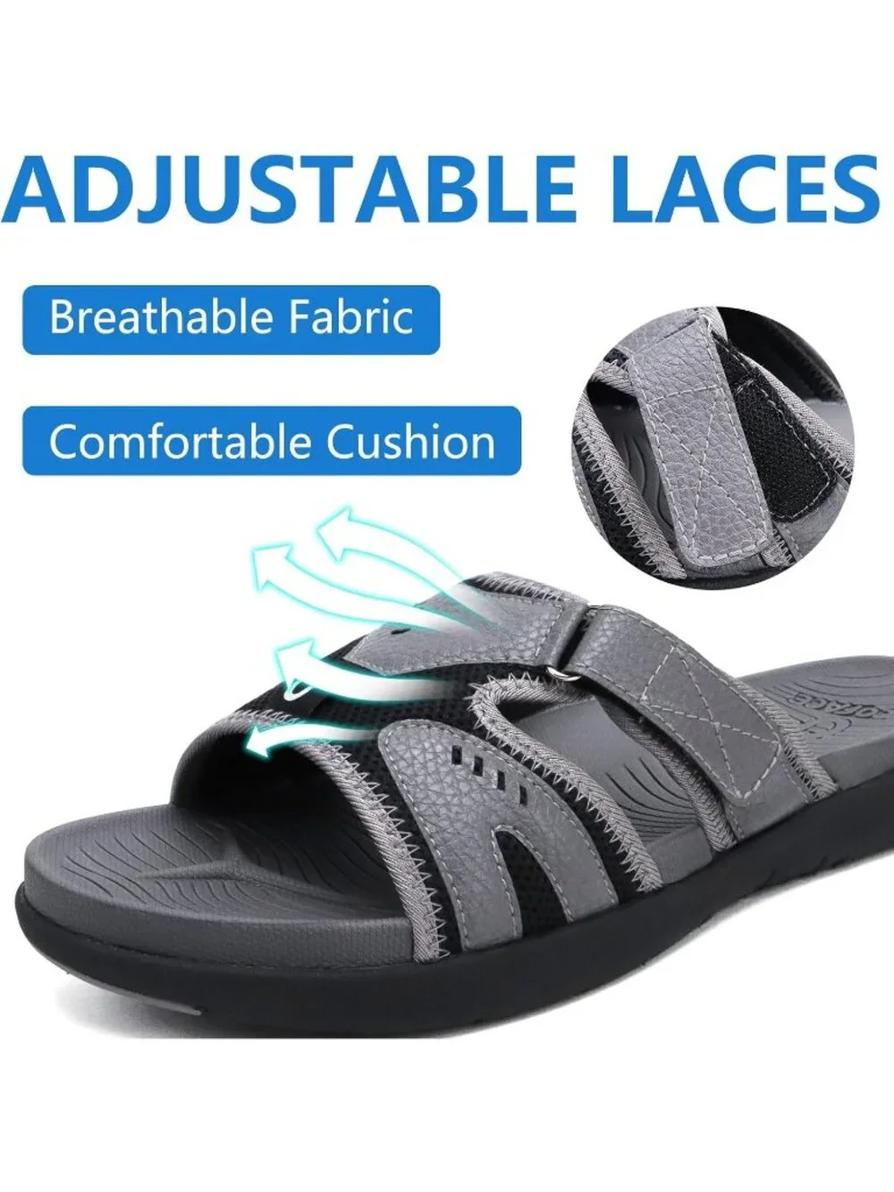 Men Grey Black Sport Recovery Sandals Plantar Fasciitis Soft Cushion Lightweight